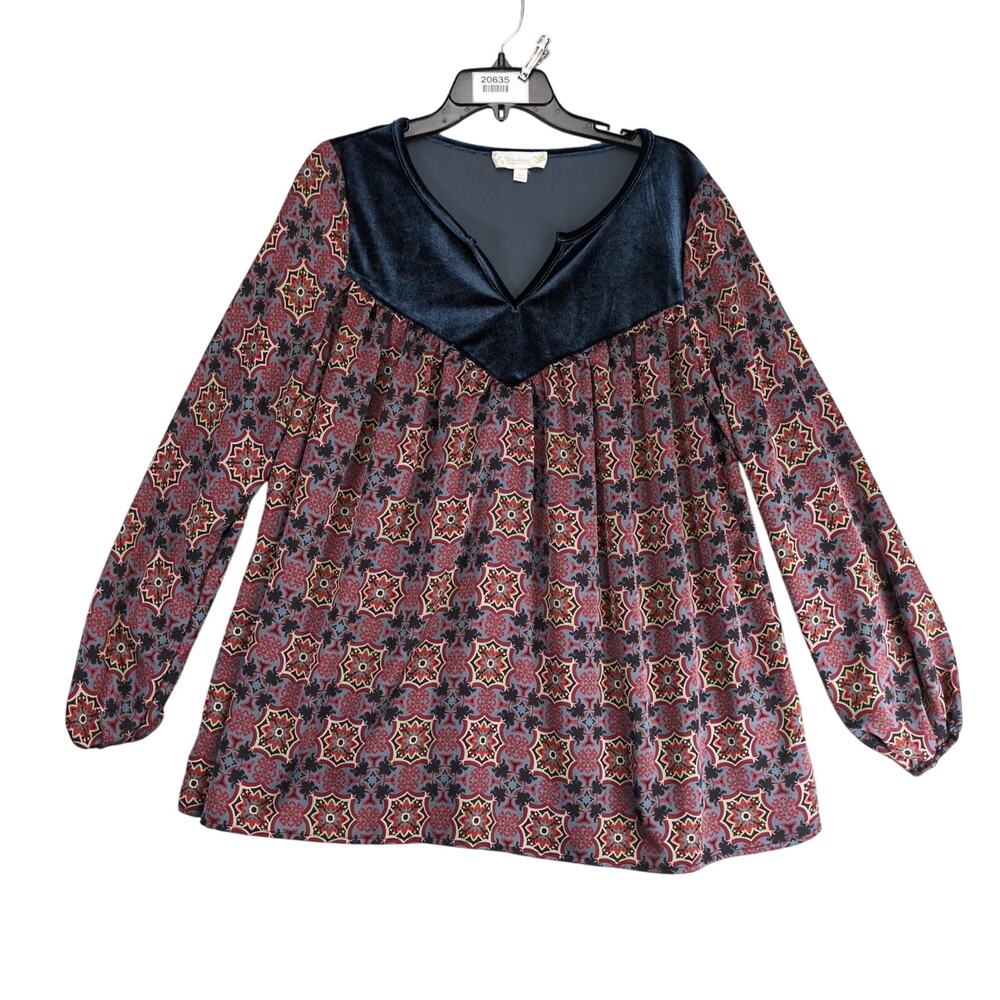 Weekend Suzanne Betro Navy Velvet Batik Print Blouse Women's L Long Puff Sleeves